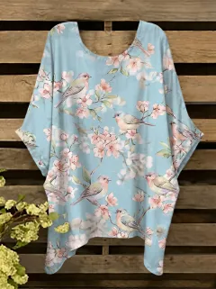 Cherry Blossom Bird Women's Loose Printed T-Shirt