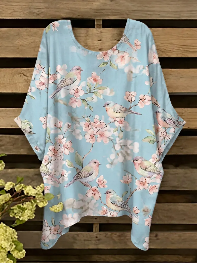 Cherry Blossom Bird Women's Loose Printed T-Shirt