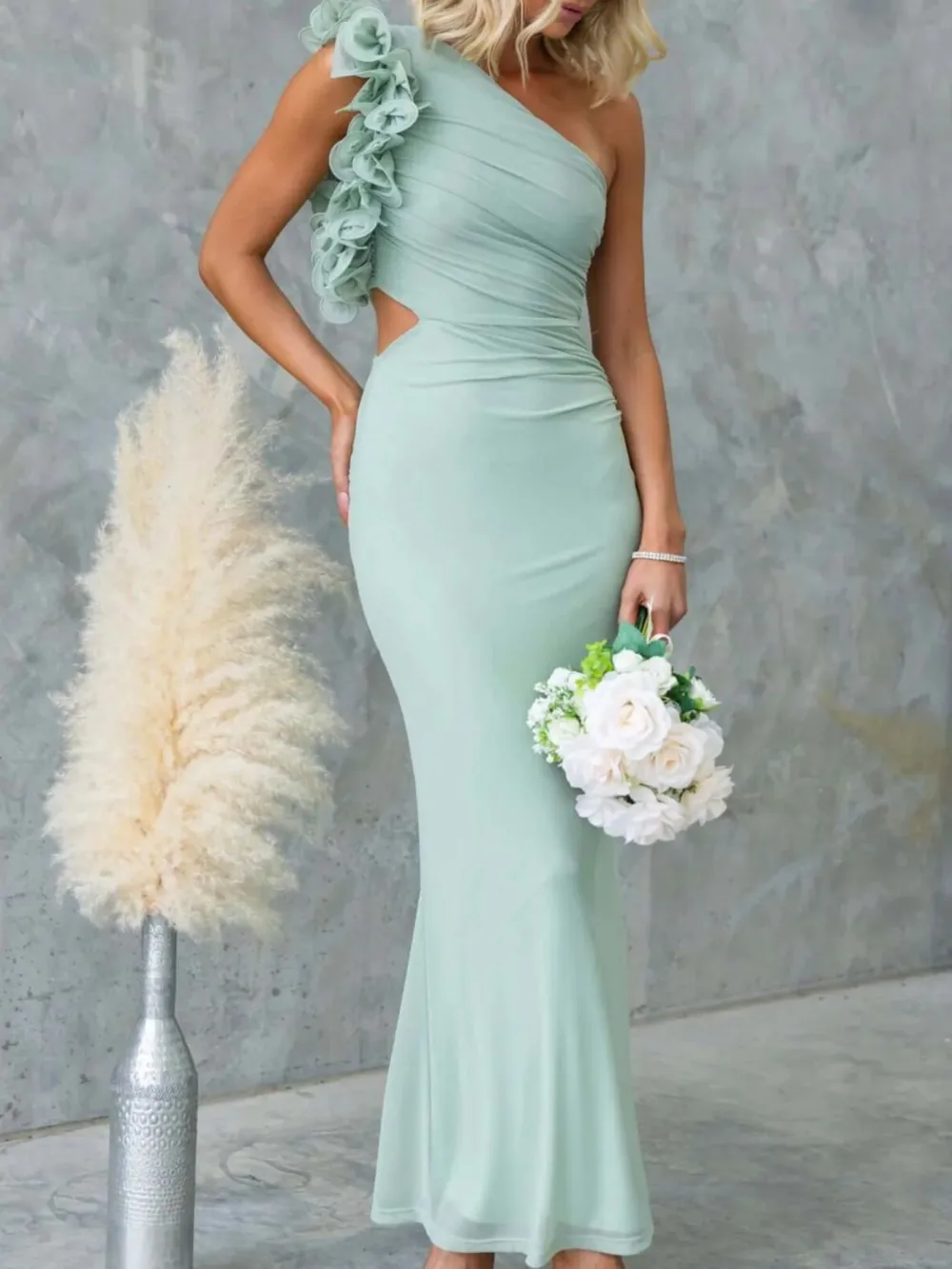 Ruched One-Shoulder Sleeveless Floral Maxi Dress