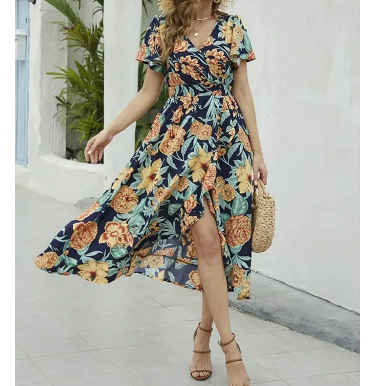 Short Sleeve Wrap Midi Dress
