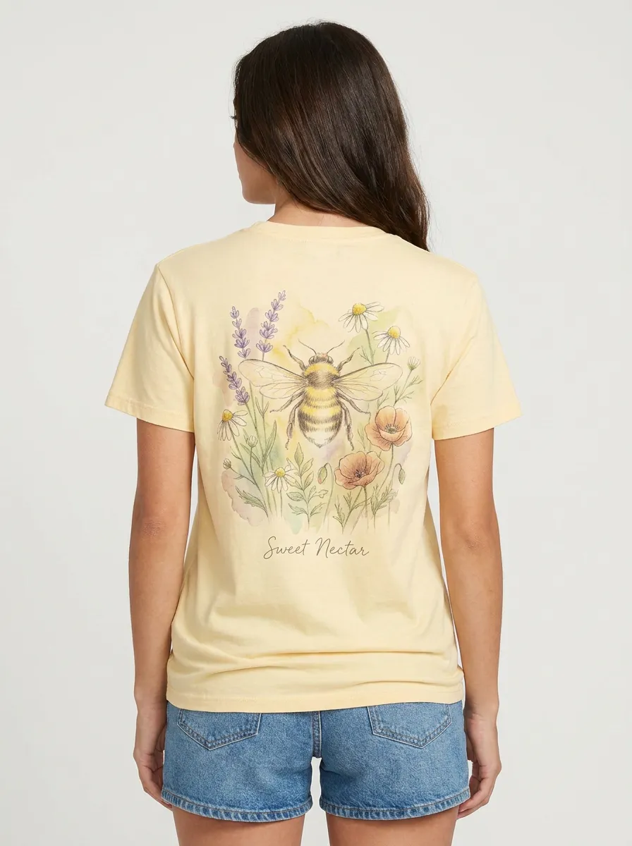 Women's Nature Lover Bee and Wildflower Printed T-shirt
