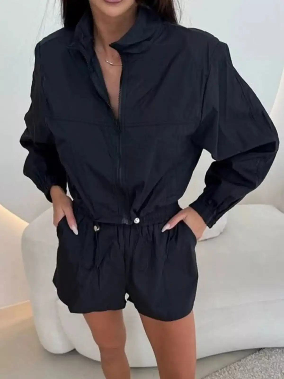 Relaxed Drawstring Zip-Detail Pocketed Top and Shorts Matching Set