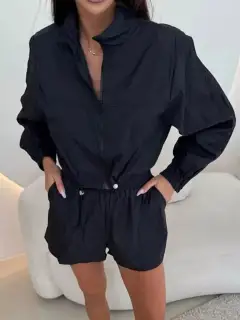 Relaxed Drawstring Zip-Detail Pocketed Top and Shorts Matching Set