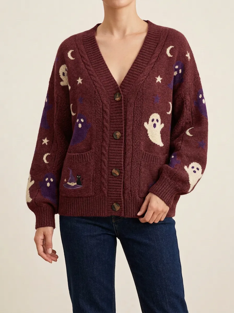 Women's Ghost Moon Star Cat Halloween Knit Cardigan