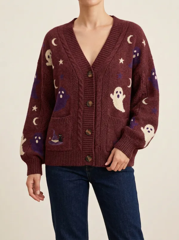 Women's Ghost Moon Star Cat Halloween Knit Cardigan