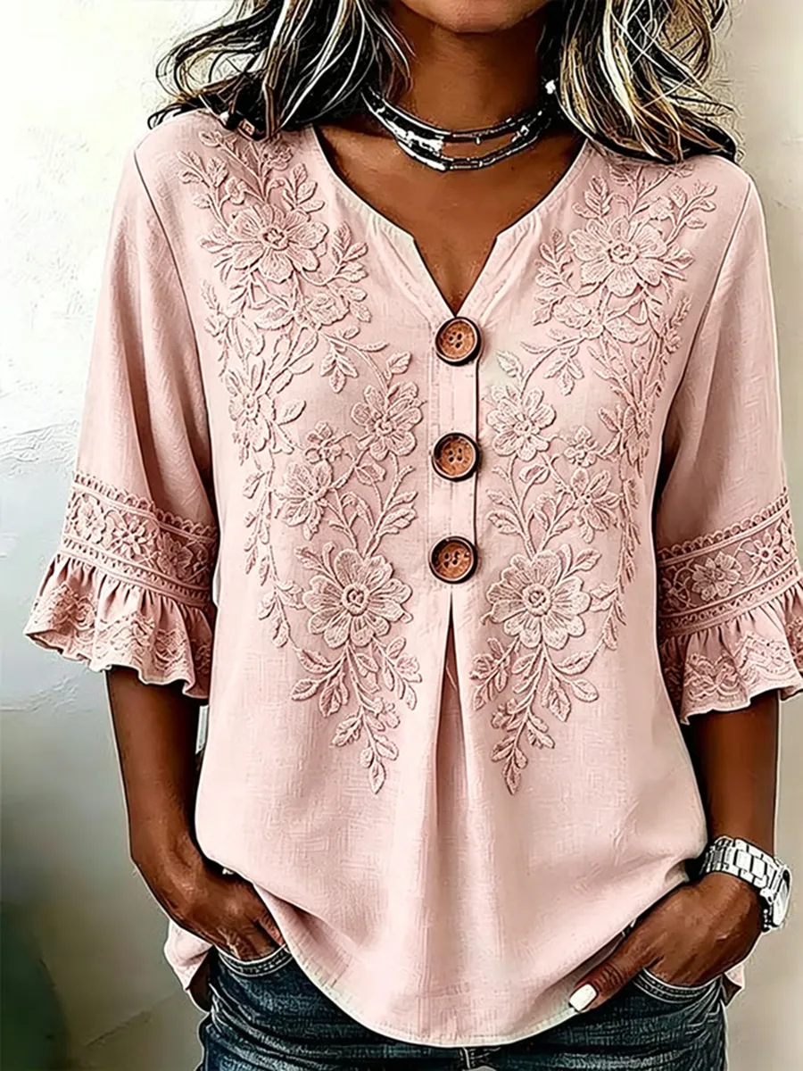 Women's Casual V-Neck Printed Cotton-Linen Top