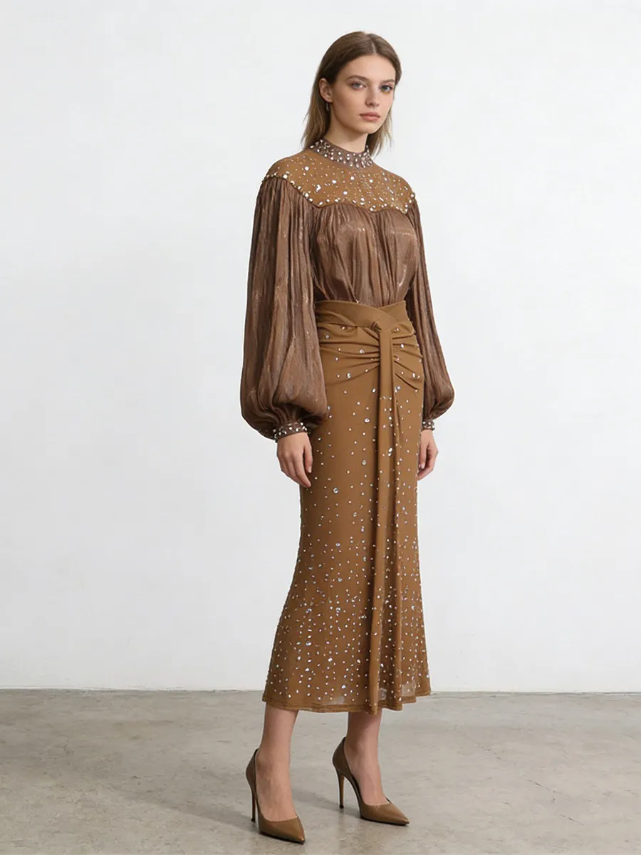 Isadora Mesh Lantern Sleeve Rhinestone Two Piece Set