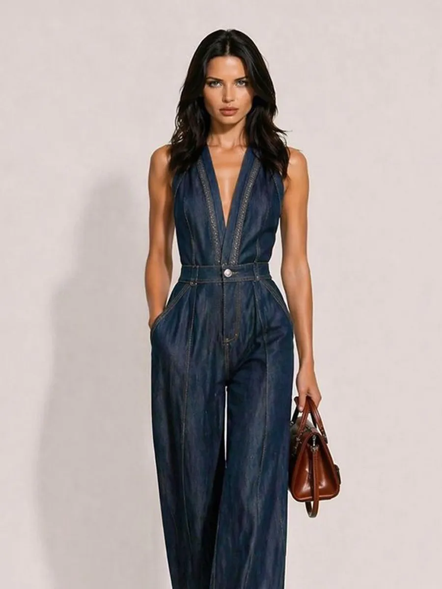 Clementine Casual Retro V-Neck Sleeveless Denim Jumpsuit