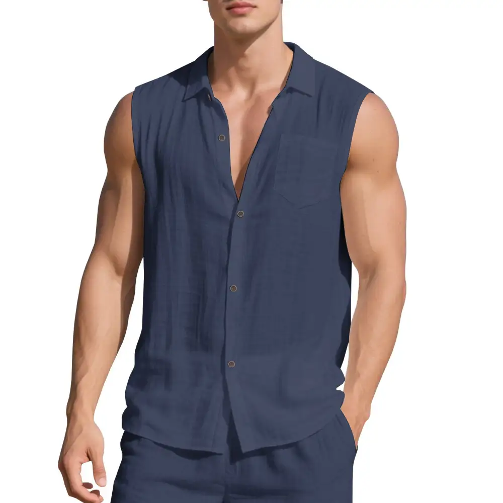 Men's Sleeveless Linen Shirt With Lapel Collar Chest Pocket And Continuous Button Placket