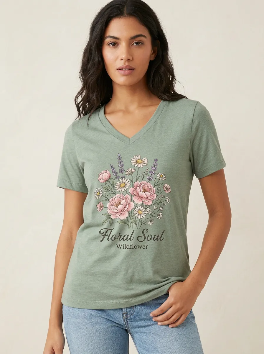 Women's Floral Soul Wildflower Bouquet Printed V-neck T-shirt