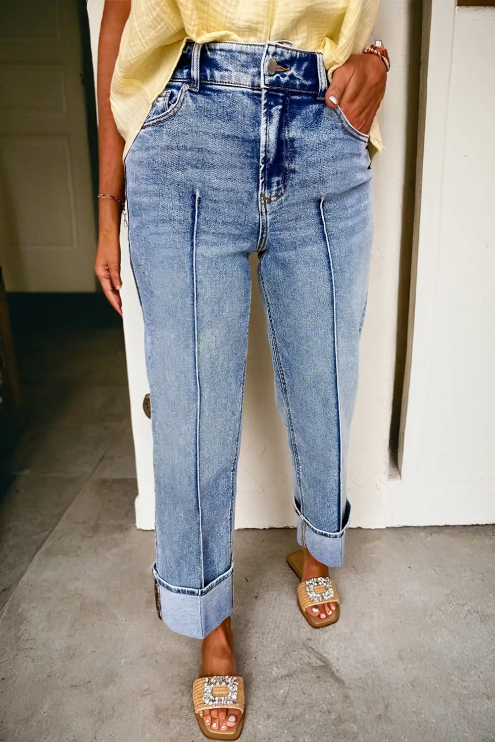 High Waist Straight Leg Seam Denim Jeans