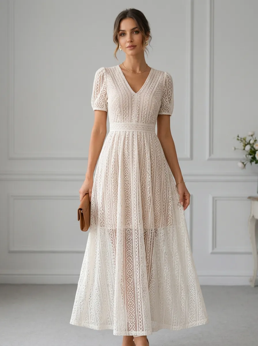Women's Elegant V-Neck Floral Lace Printed Maxi Dress