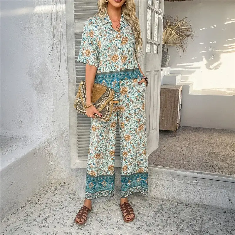 Floral Short Sleeve Cardigan Pants Set