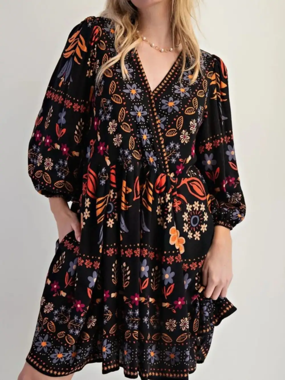 Structured Shape Floral Printed Long Sleeve Mini Dress