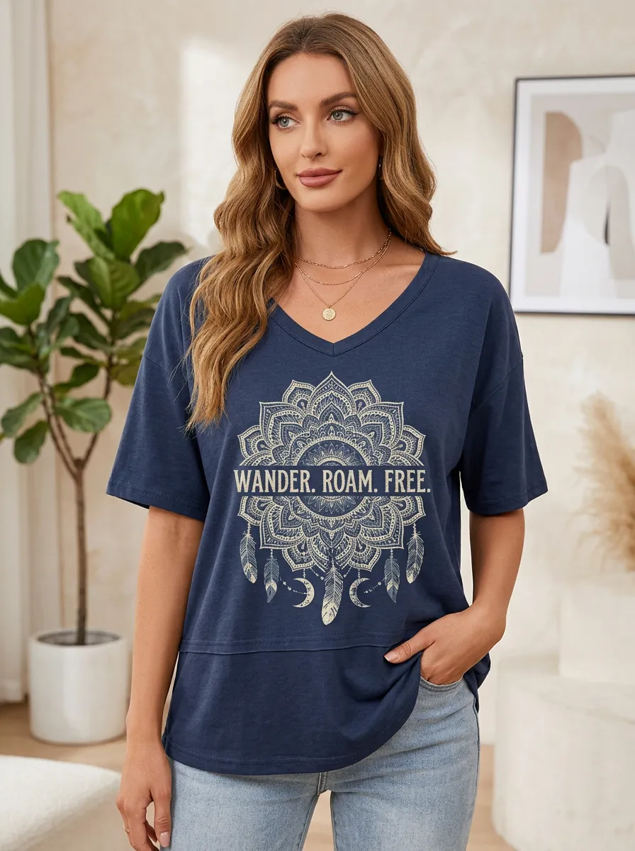Women's Boho Wander Roam Free Mandala Feather Printed T-shirt