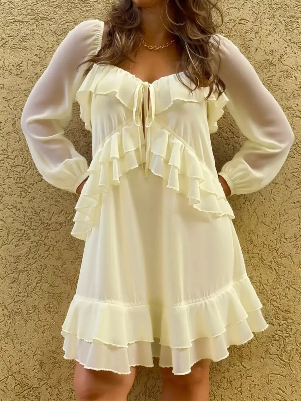 Textured Detail Ruffle Long Sleeve Mini Dress