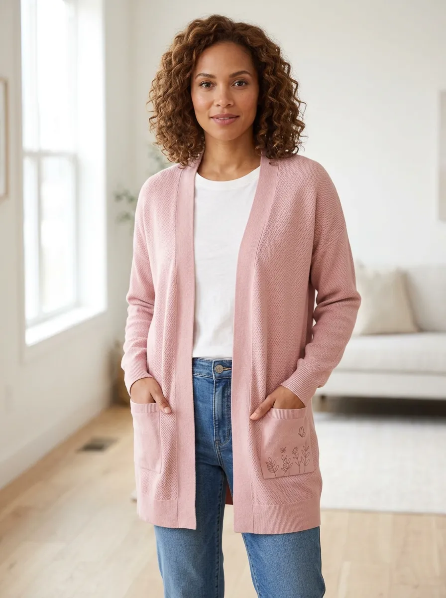 Pink Relaxed Floral Minimalist Print Cardigan