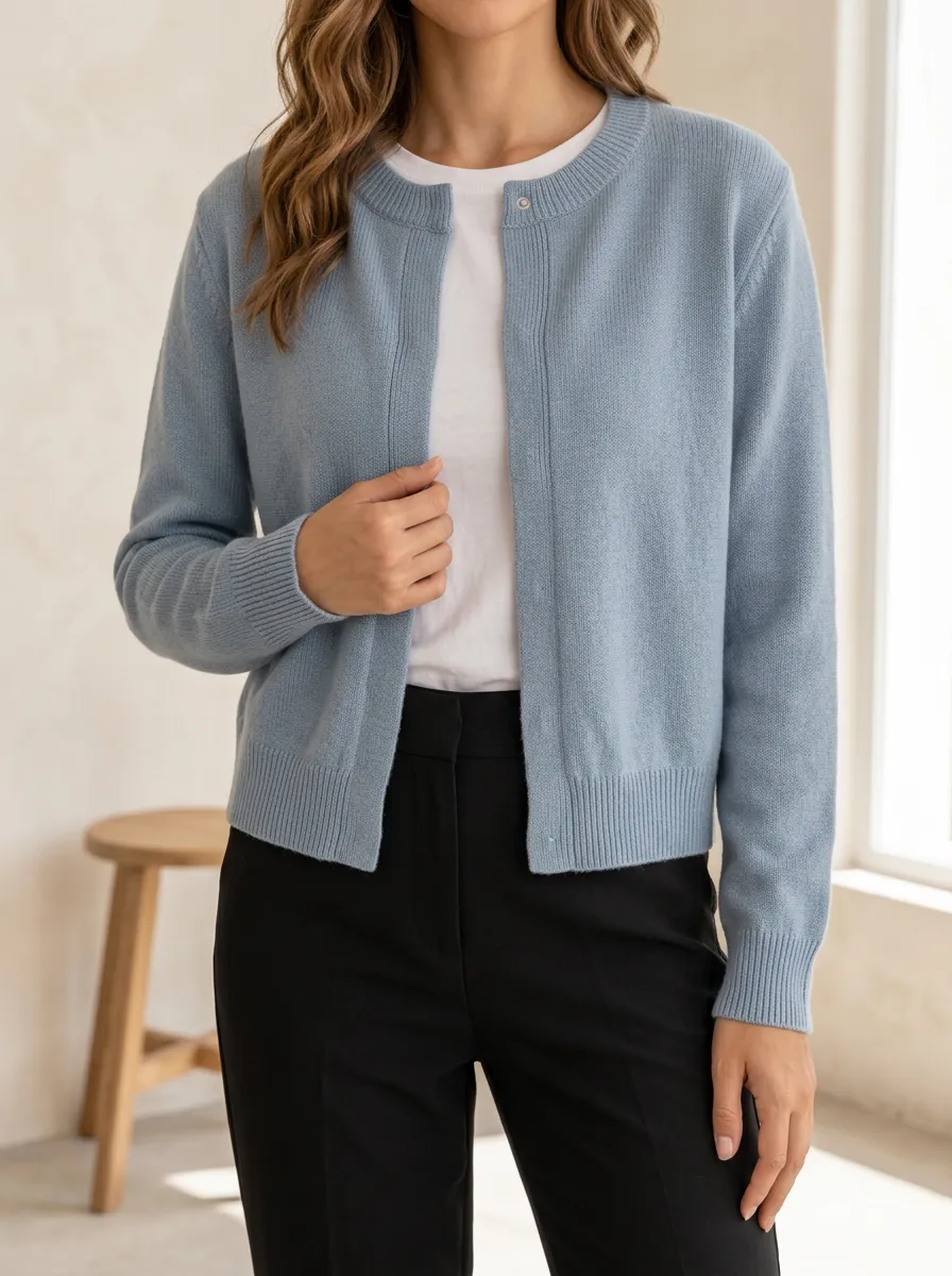 Women's Ribbed Knit Button Front Crew Neck Relaxed Cardigan