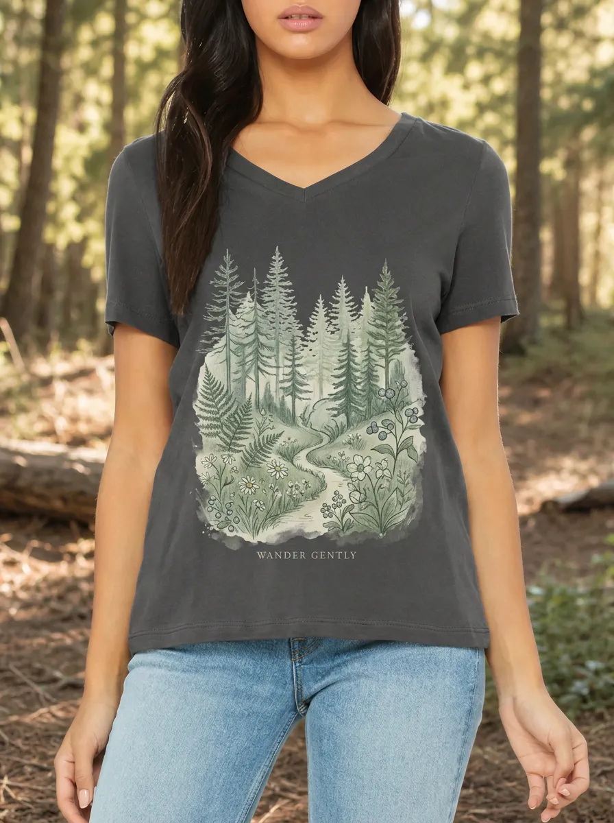 Women's Nature Lover Forest Path Floral Printed V-neck T-shirt