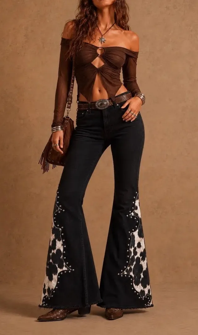 Flare Studded Detail Western Style Casual Denim Jeans