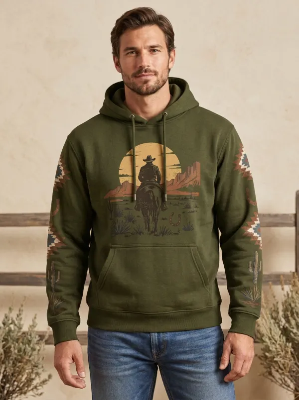 Men's Heritage Inspired Western Cowboy Desert Sunset Sun Graphic Hoodie