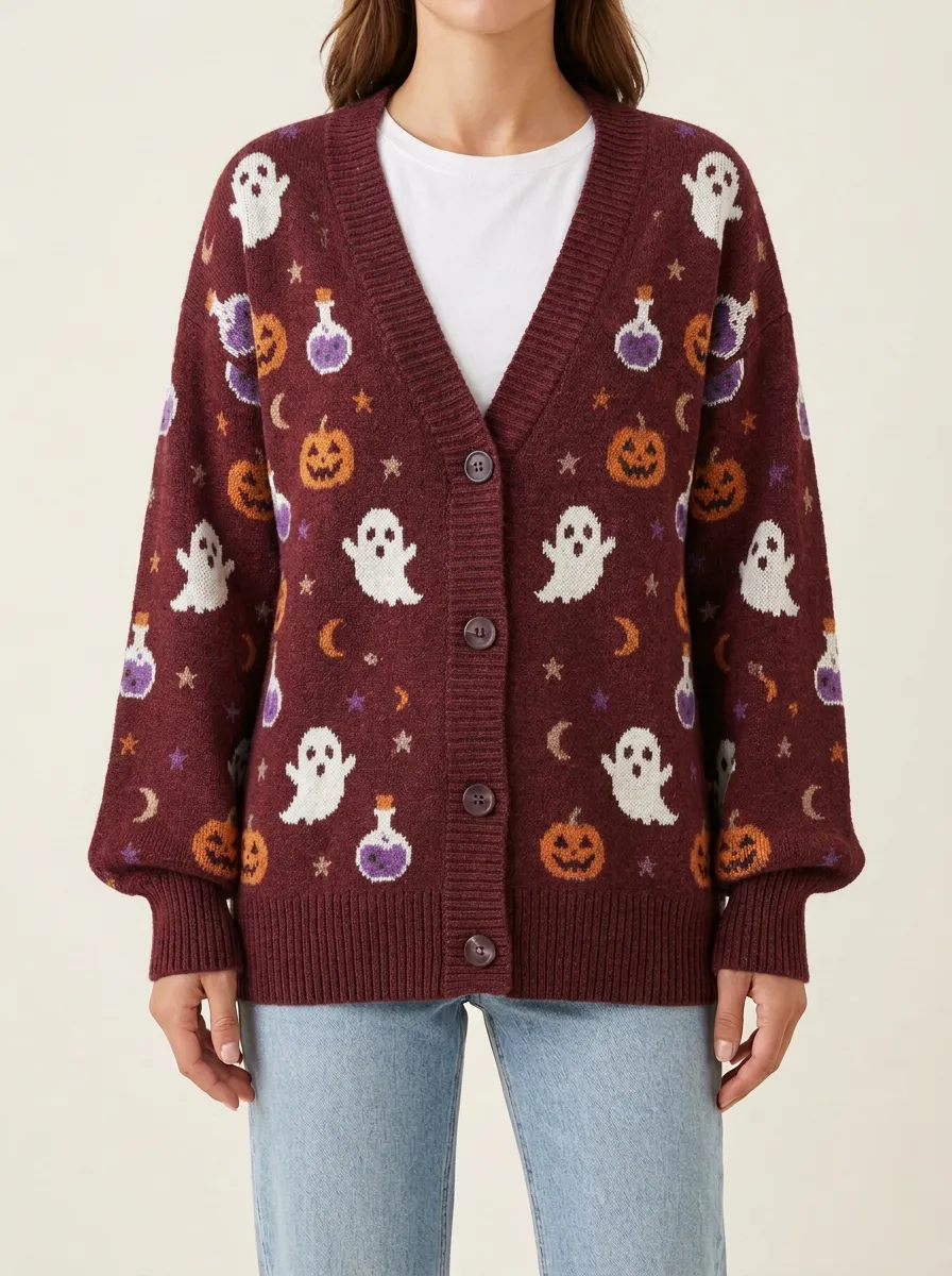 Women's Halloween Ghost Pumpkin Potion Pattern Knitted Cardigan