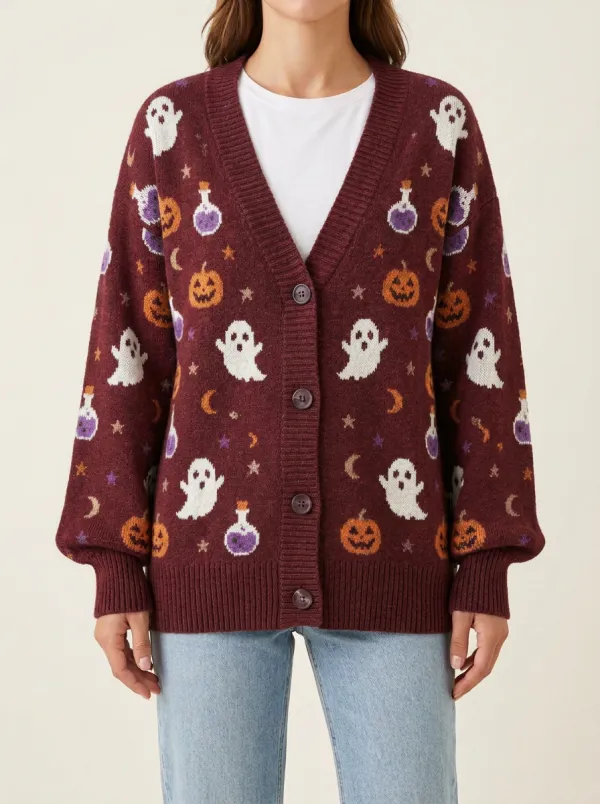 Women's Halloween Ghost Pumpkin Potion Pattern Knitted Cardigan