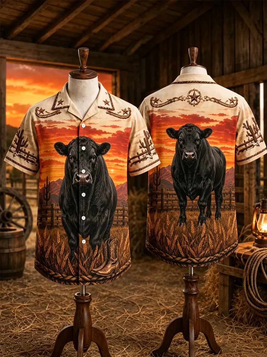 Men'S Black Angus Western Sunset Hawaiian Short Sleeve Shirt