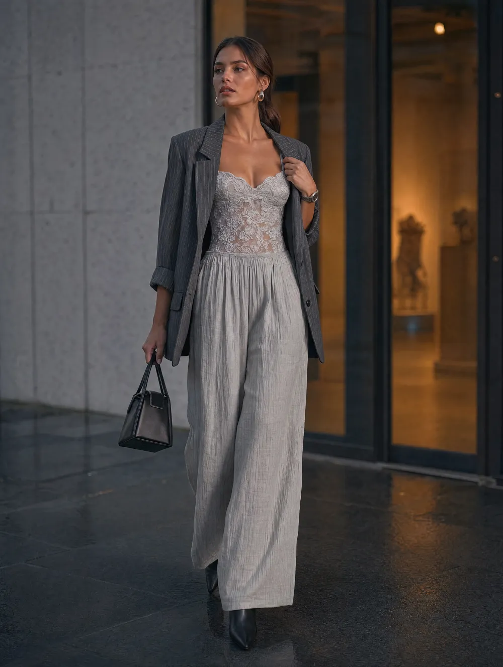 Bohemian Light Grey Lace And Crinkle Cotton Wide-Leg Jumpsuit