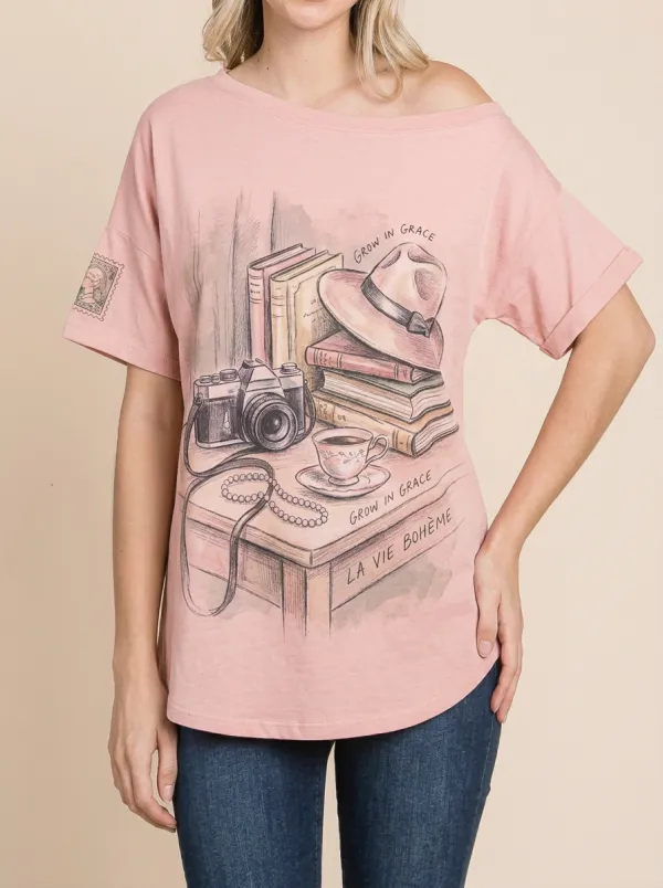 Women's Vintage Aesthetic Camera Books Hat Printed T-shirt