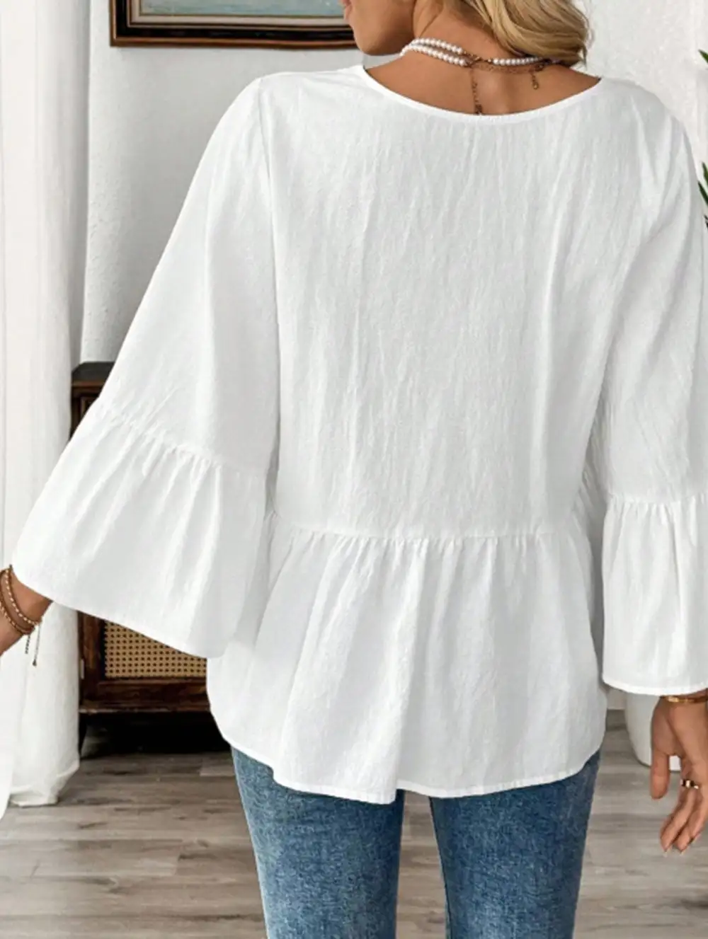 V Neck Ruffle Sleeve Cotton Blouse