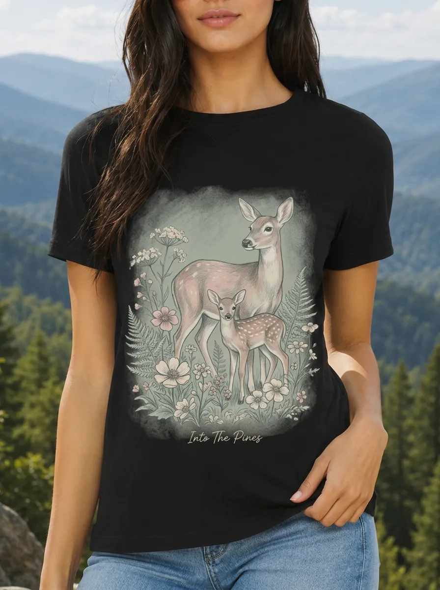 Women's Forest Nature Lover Deer Fawn Floral Printed T-shirt