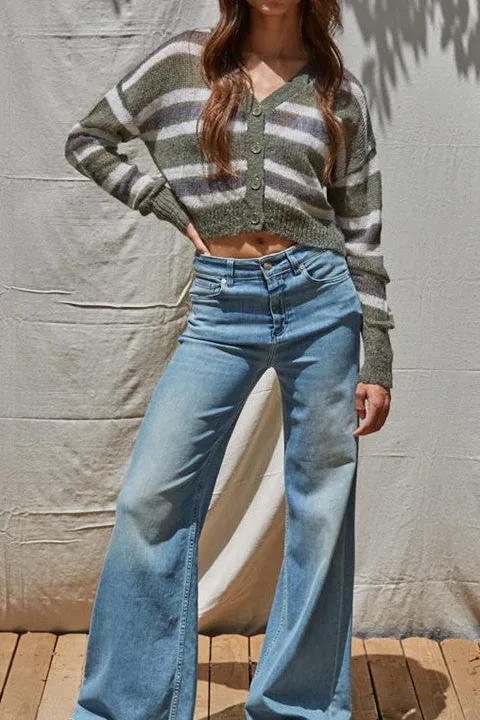 Women's Striped Cropped Knit Cardigan