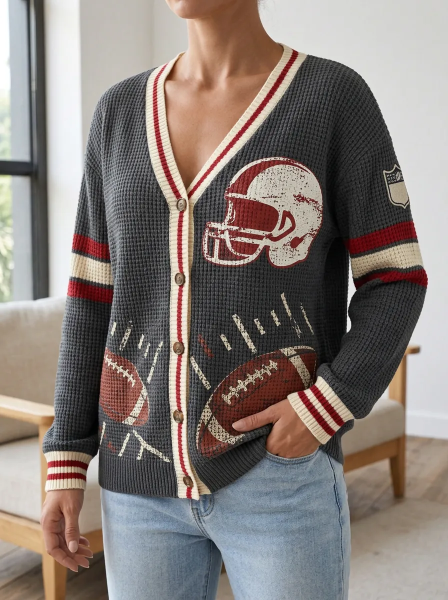 Women's American Football Lover Helmet Ball Printed Waffle Cardigan
