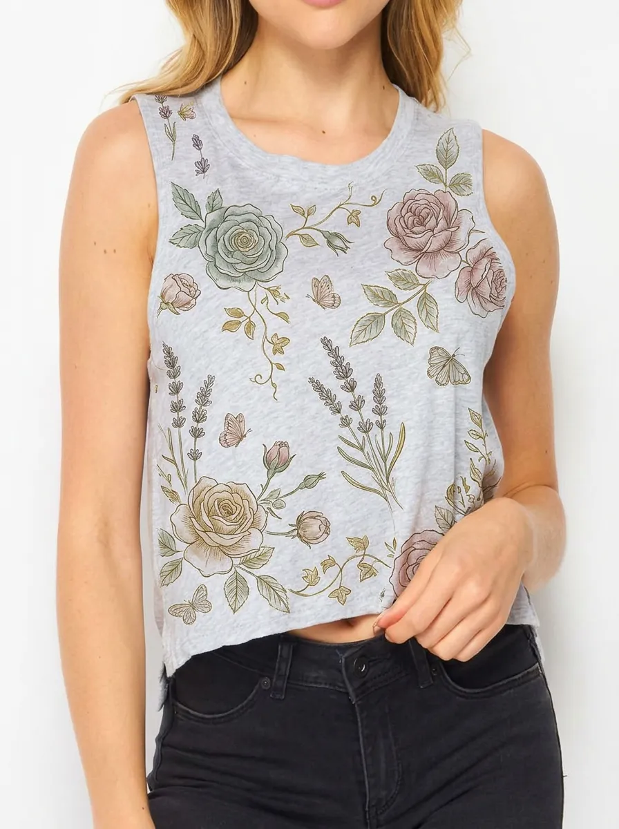 Women's Floral Nature Lover Rose Lavender Butterfly Printed Tank Top