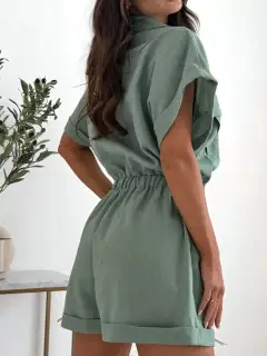 Button-Front Pocketed Shirt and Shorts Matching Set