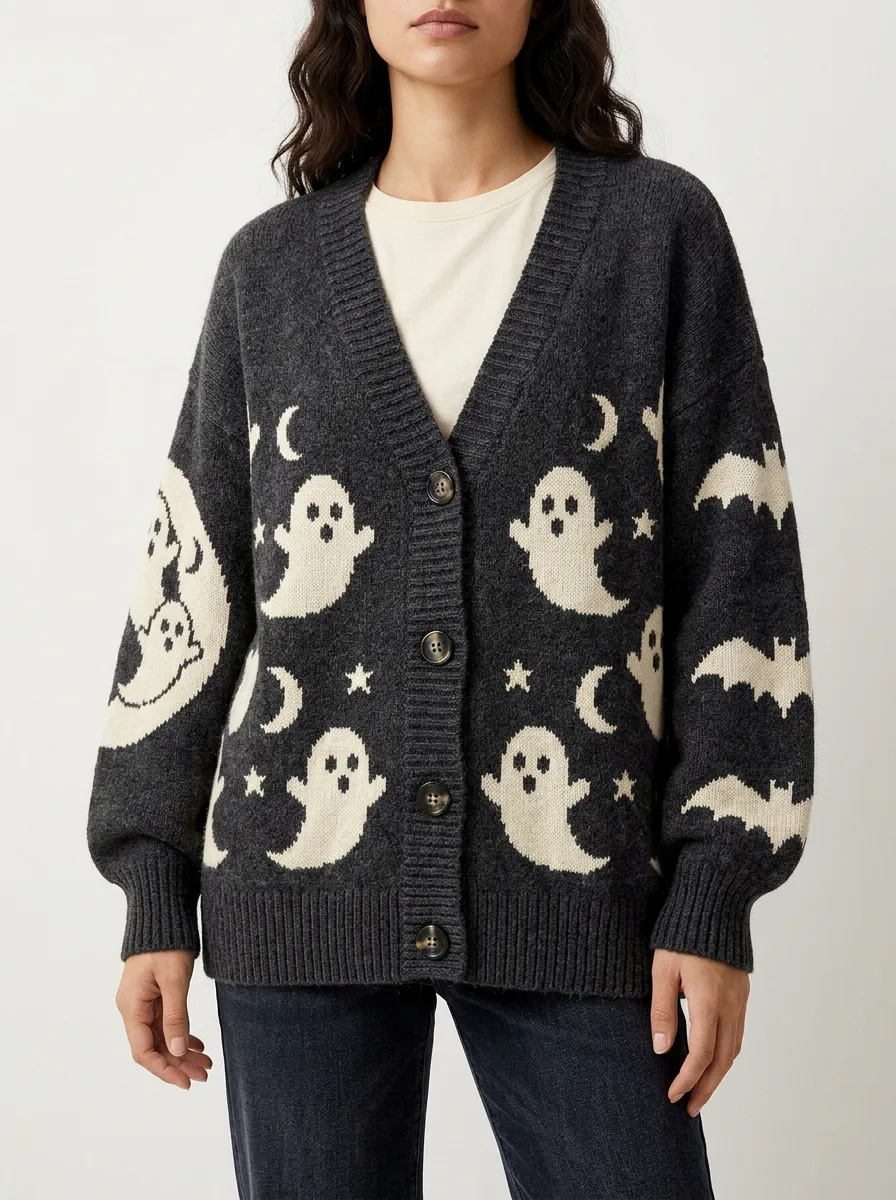 Women's Halloween Ghost Bat Moon Pattern Knitted Cardigan
