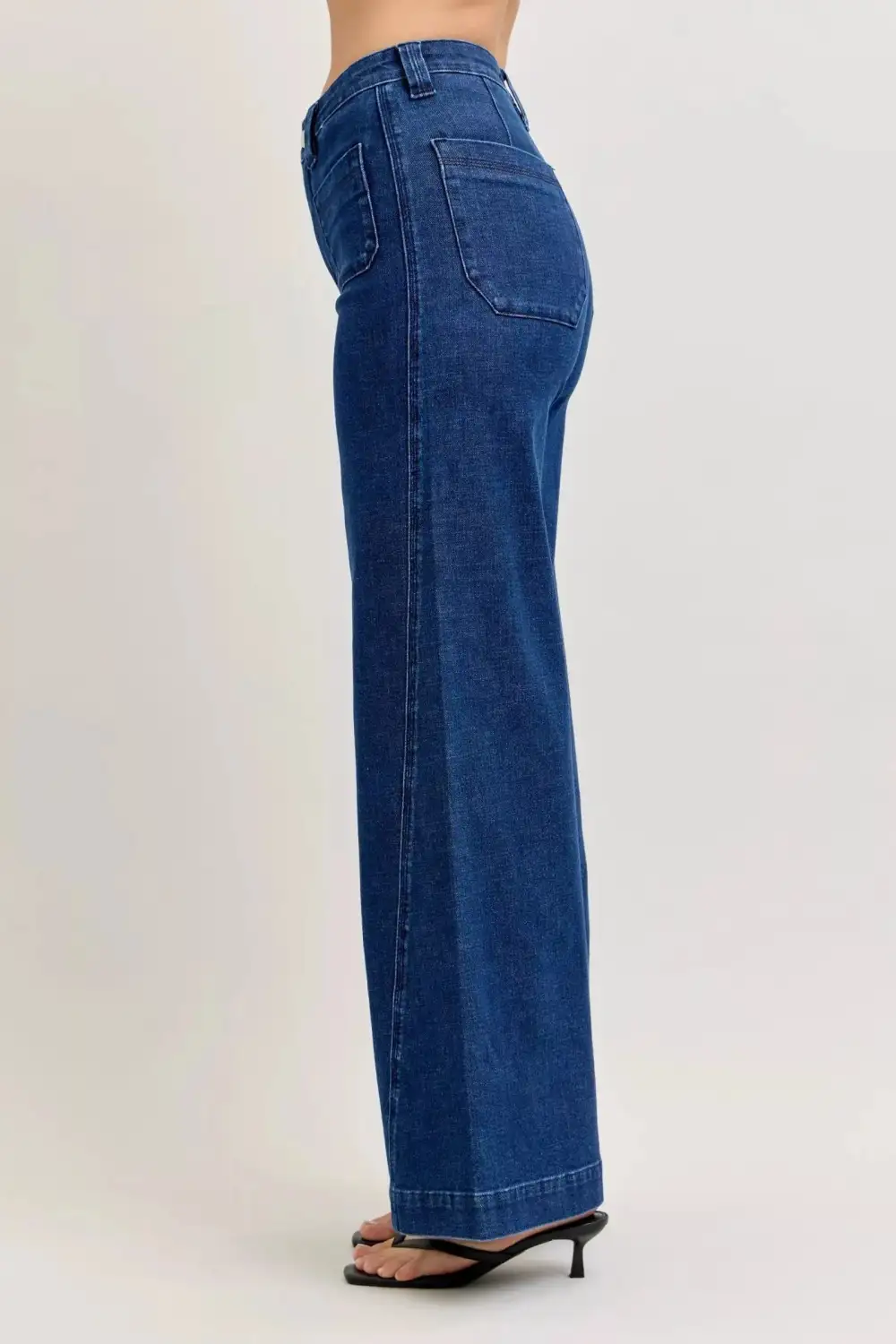High Waist Retro Style Wide Leg Patch Pocket Pocketed Denim Jeans