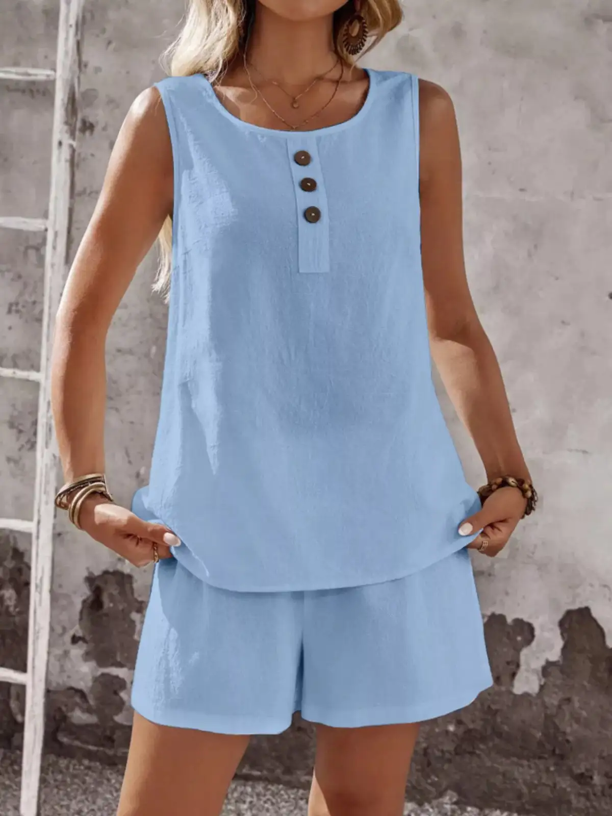 Round-Neck Button-Detail Cotton Shorts Matching Set