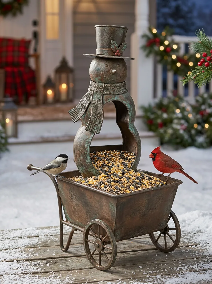 Festive Snowman Wheelbarrow Christmas Bird Feeder