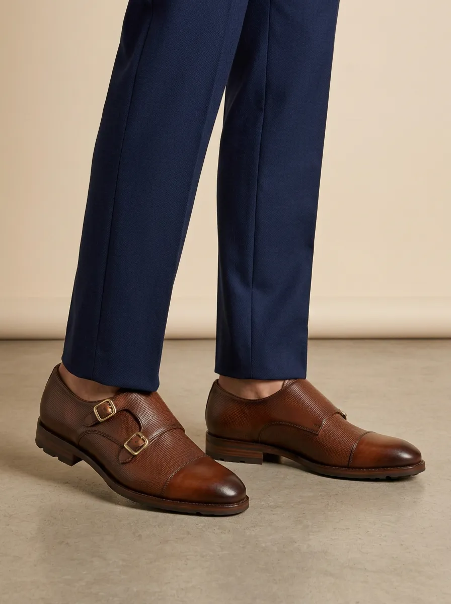 Men's Modern Business Formal Perforated Leather Double Monk Strap Shoes