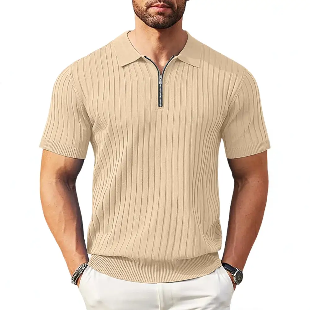 Zip Front Short Sleeve Fine Knit Polo Shirt