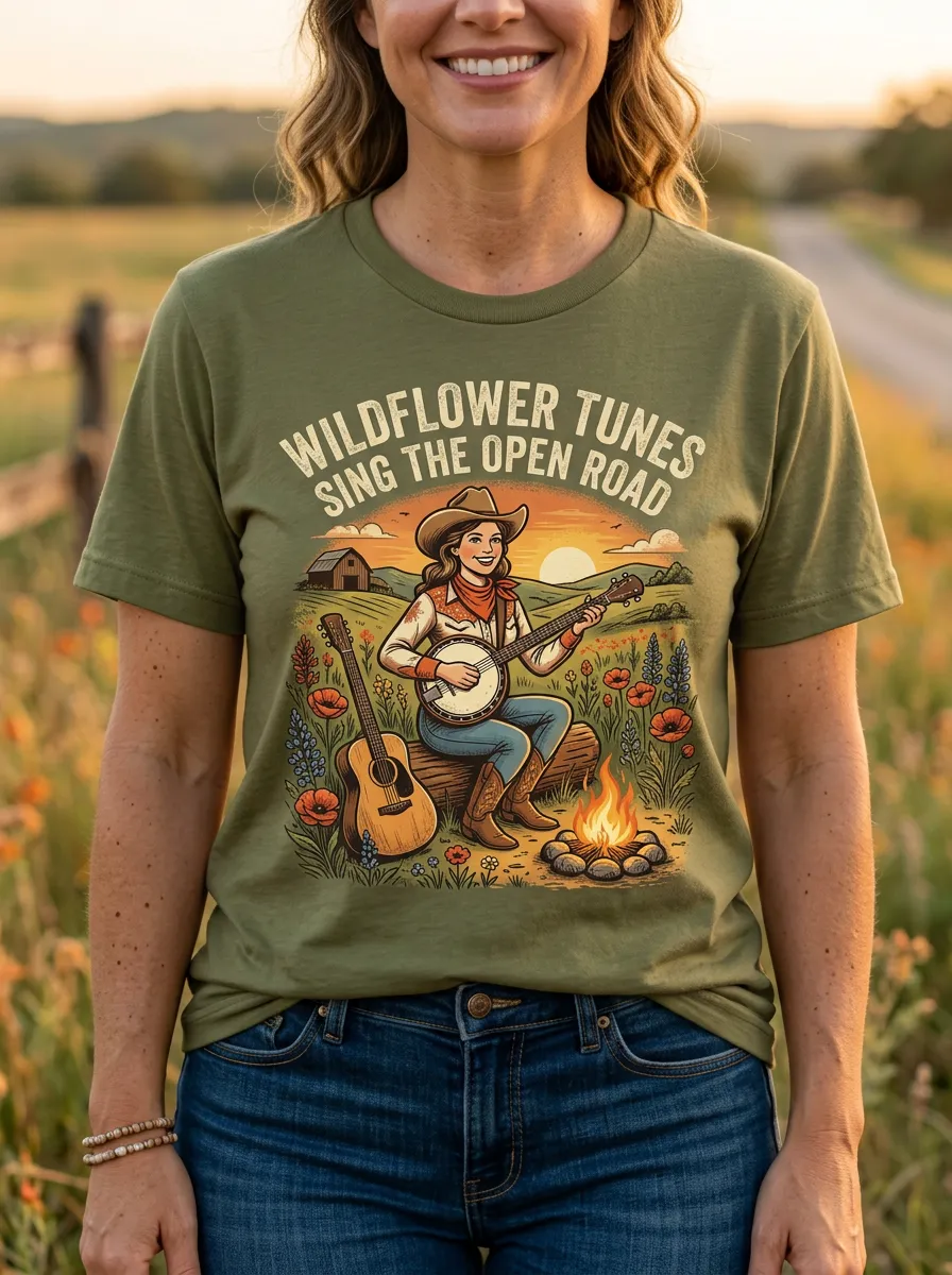 Festival Banjo Wildflower Country Music Graphic T-Shirt