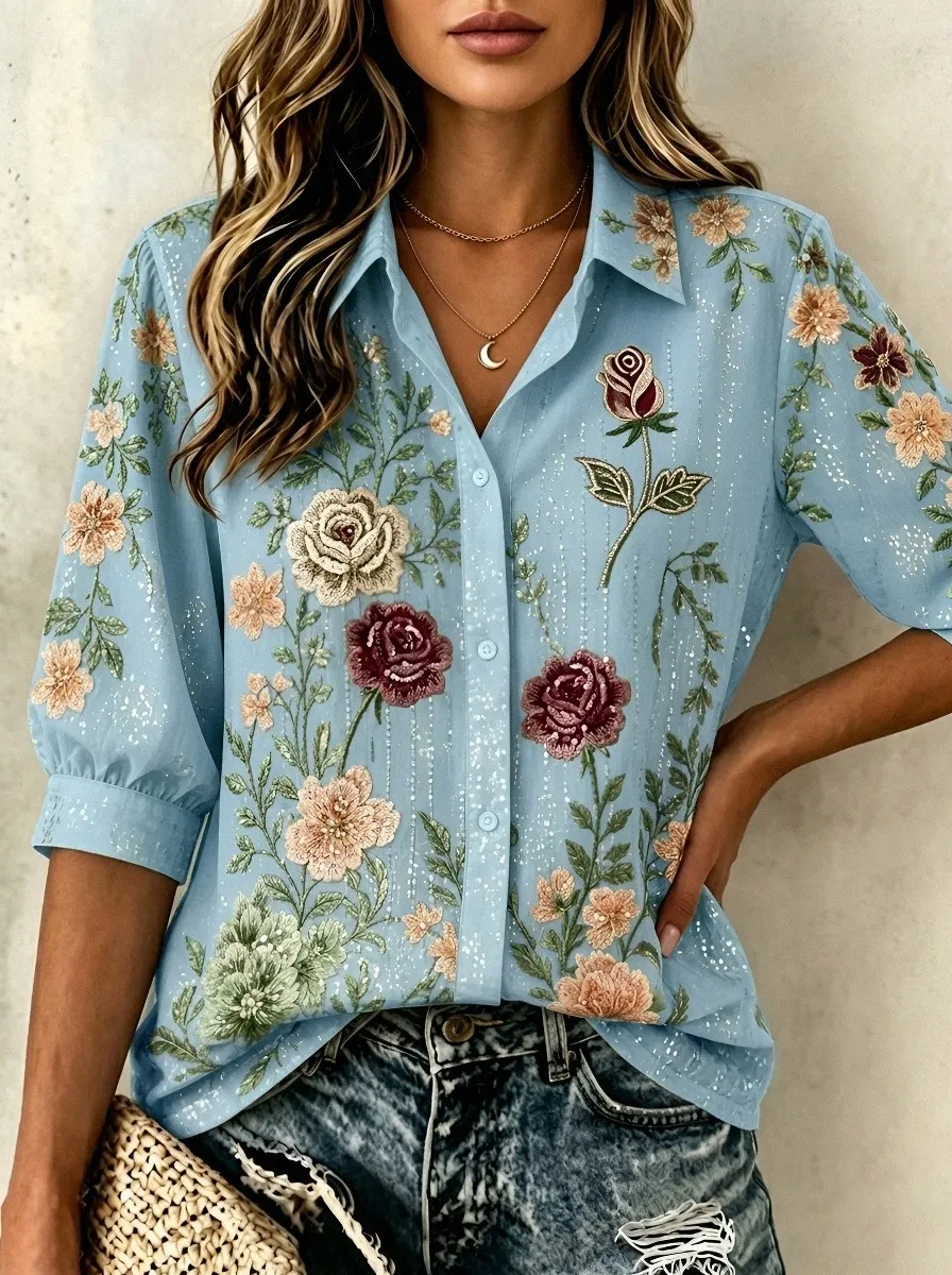 Women's Breast Cancer Awareness Rose Floral Embroidered Printed Shirt