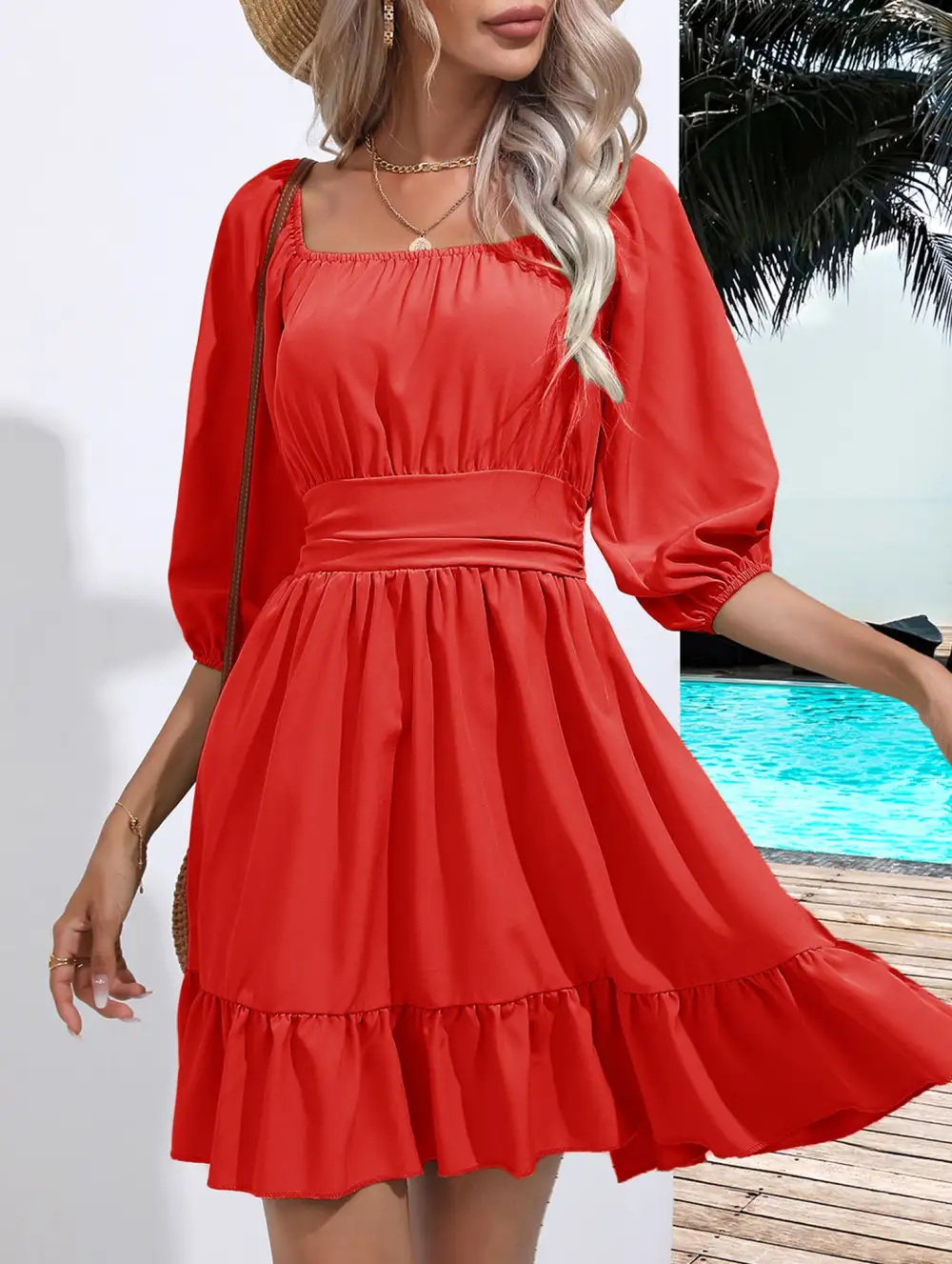 Square Neckline Ruffled Tie Up Mini Dress