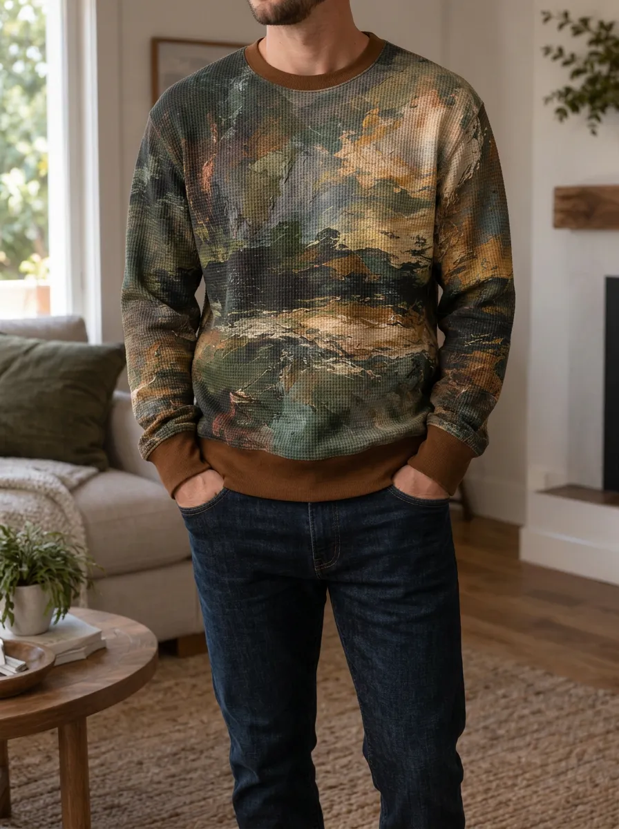 Men's Modern Abstract Landscape Art Waffle Zip Hoodie