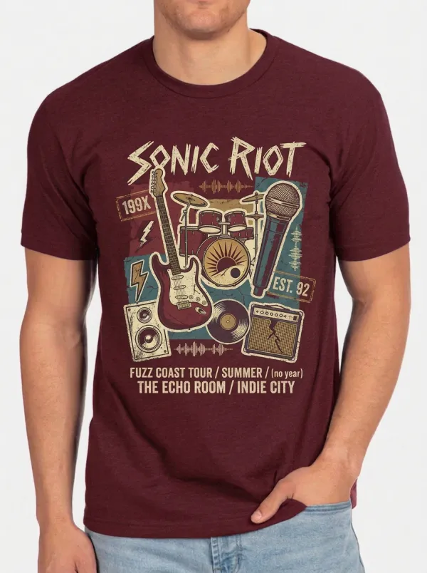 Men's Indie Rock Band Sonic Riot Guitar Drum Printed T-shirt