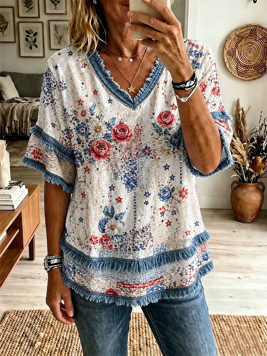 Women'S Retro Independence Day Flower Art Cotton And Hemp Printed Top