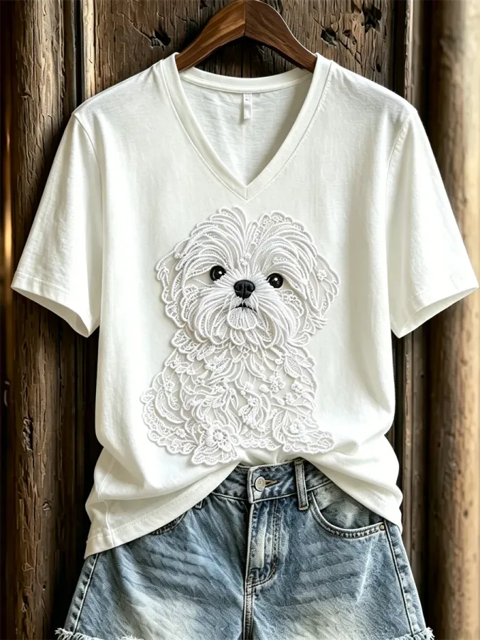 Women'S Lovely Shih Tzu Dog Lace Art Print Short-Sleeved T-Shirt