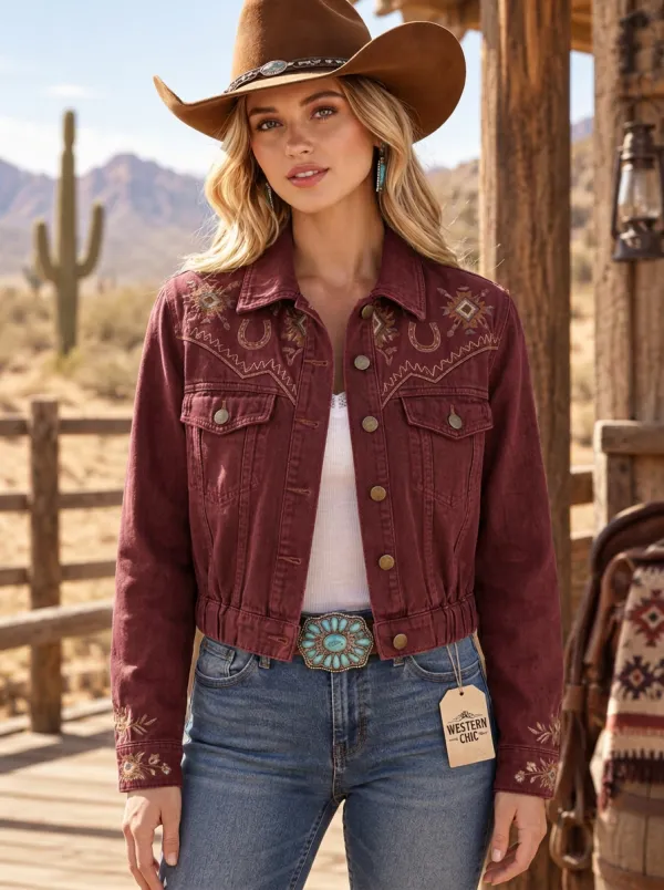Women's Western Cowgirl Horseshoe Horse Embroidered Denim Jacket